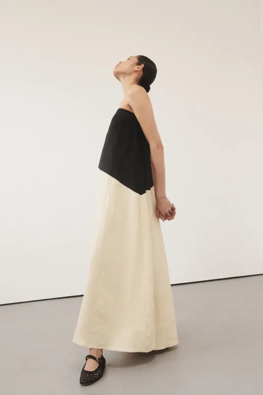 KALANI BLACK STRAPLESS LINEN MIDI DRESS sold by Dissh