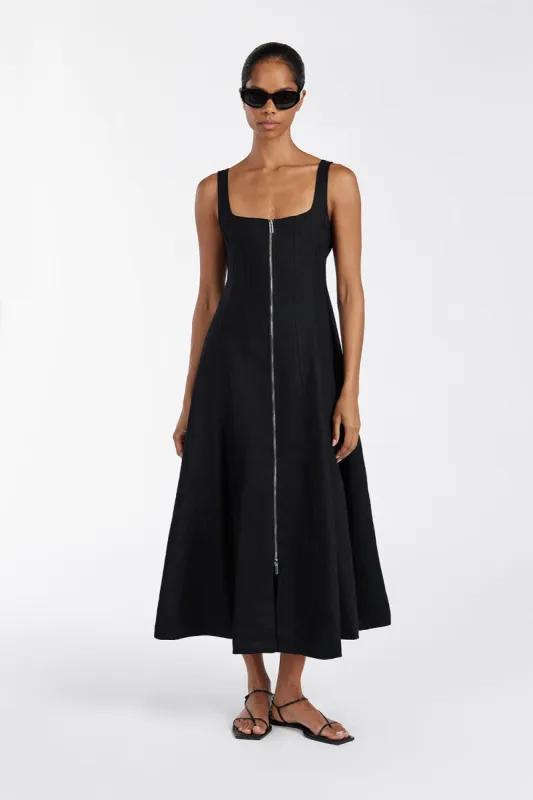HARRIET BLACK LINEN MIDI DRESS sold by Dissh