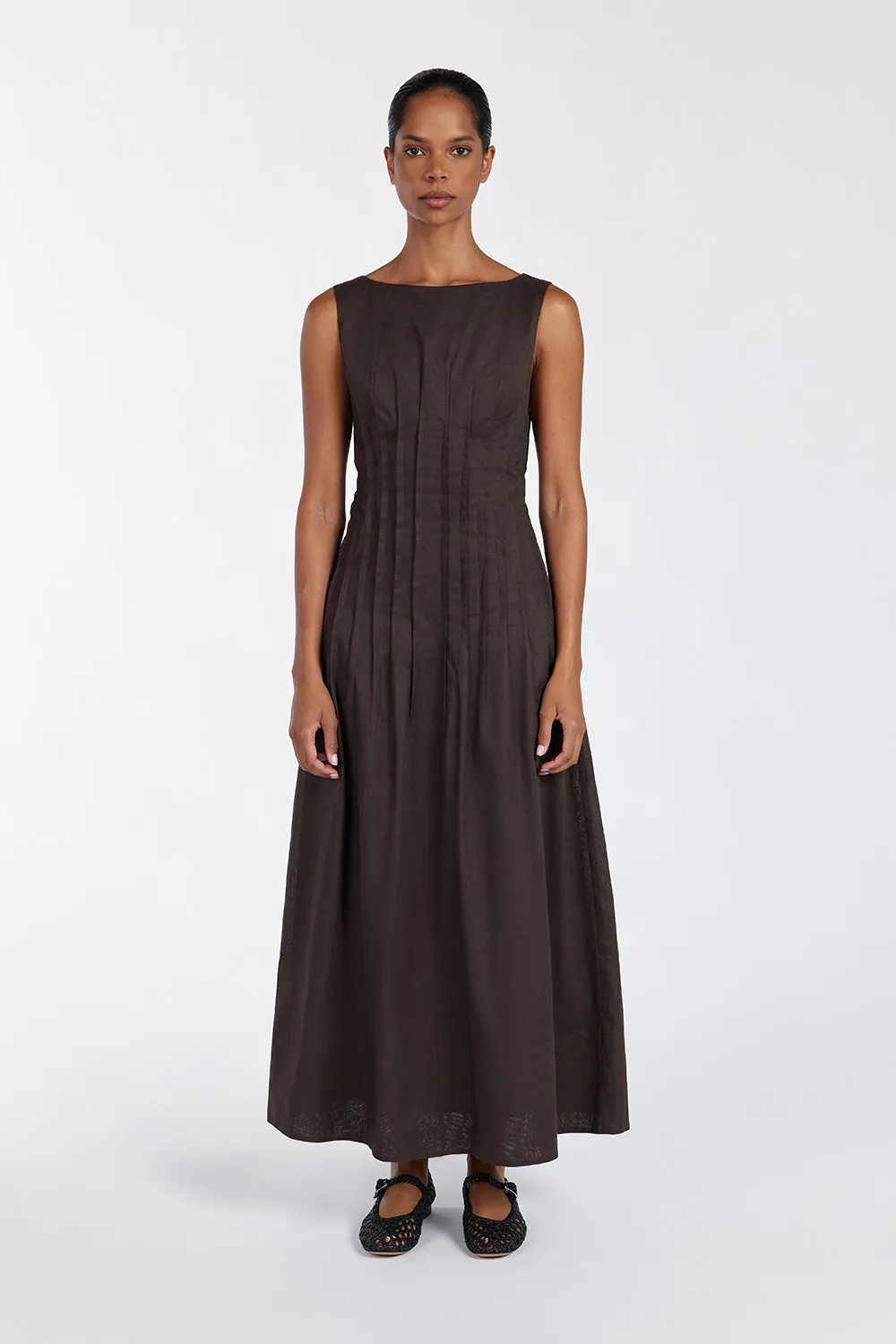 MANA BITTER CHOC LINEN MIDI DRESS sold by Dissh