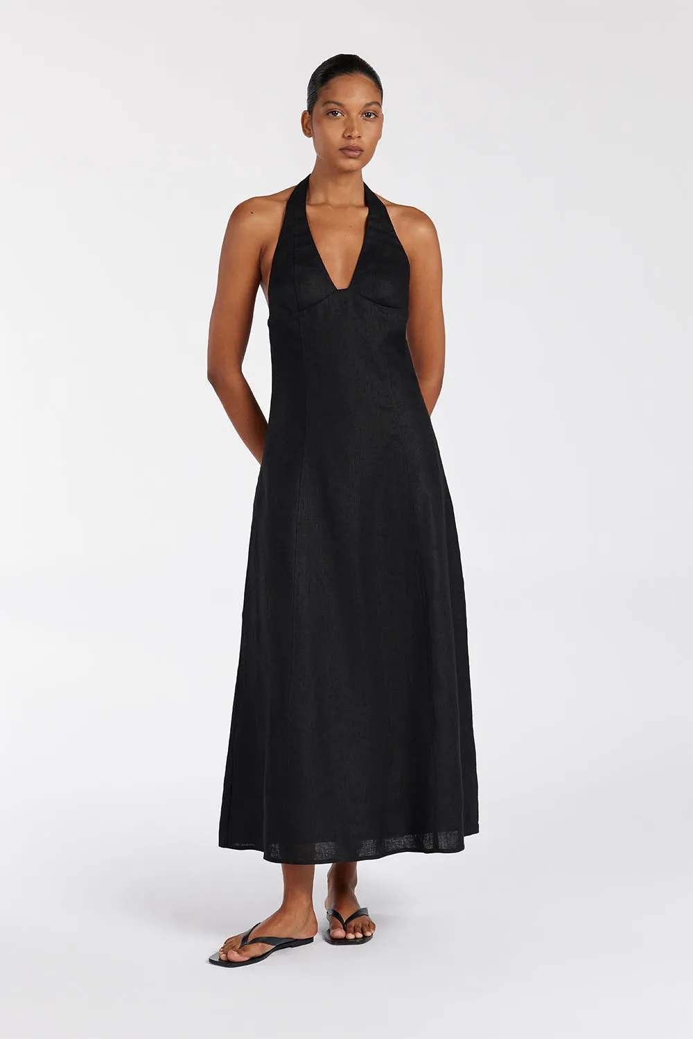 AUDREY BLACK HALTER LINEN MIDI DRESS sold by Dissh