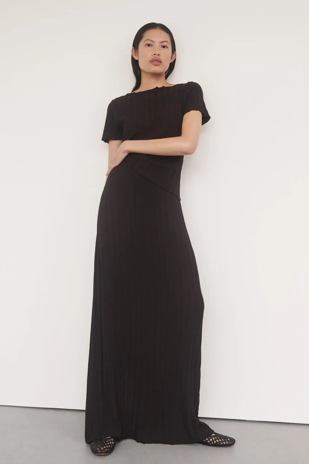 SYLVIA BITTER CHOC KNIT MIDI SKIRT sold by Dissh