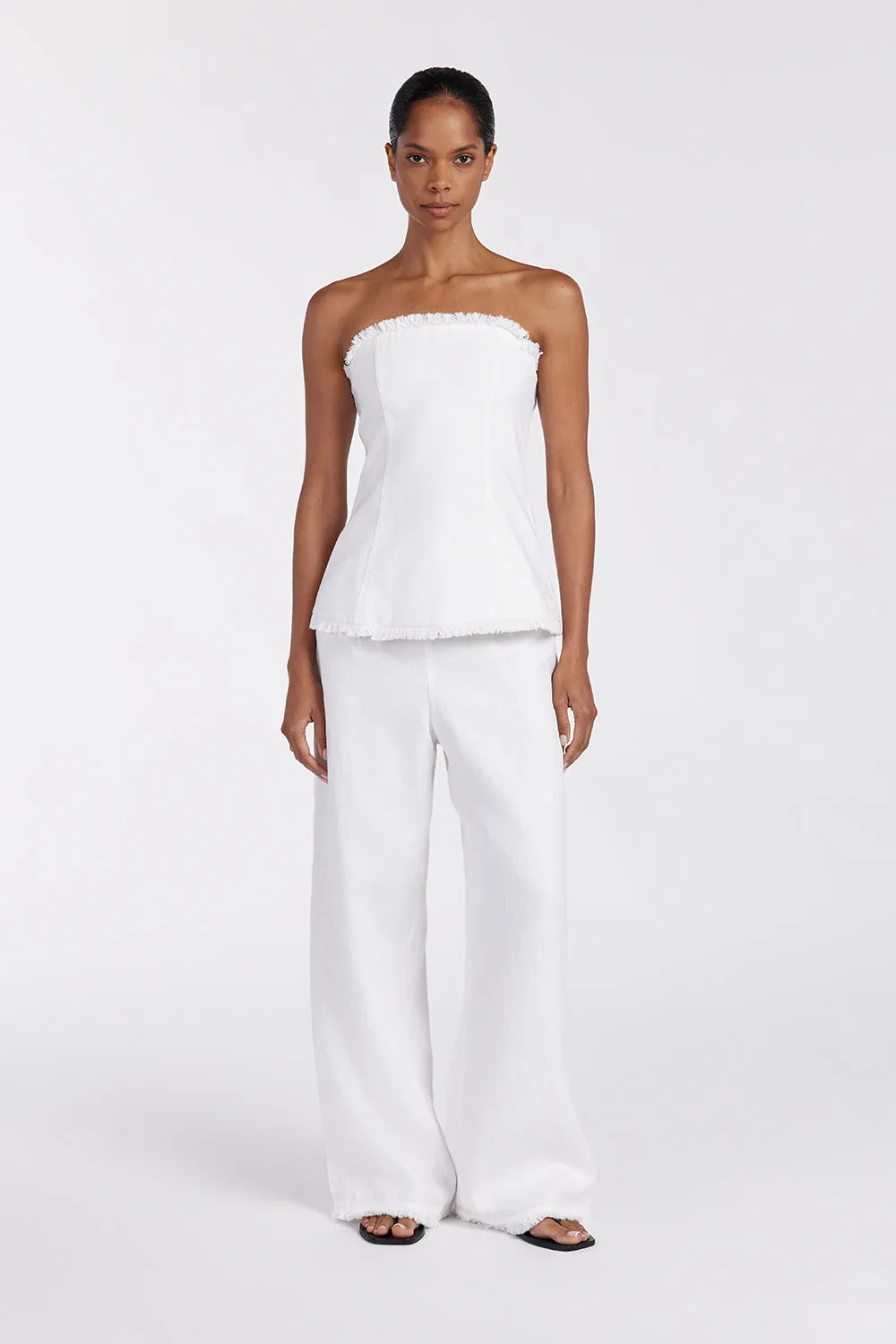 ZAHARA WHITE LINEN FRINGED PANT sold by Dissh