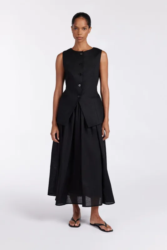 TIA BLACK LINEN CIRCLE MIDI SKIRT  sold by Dissh
