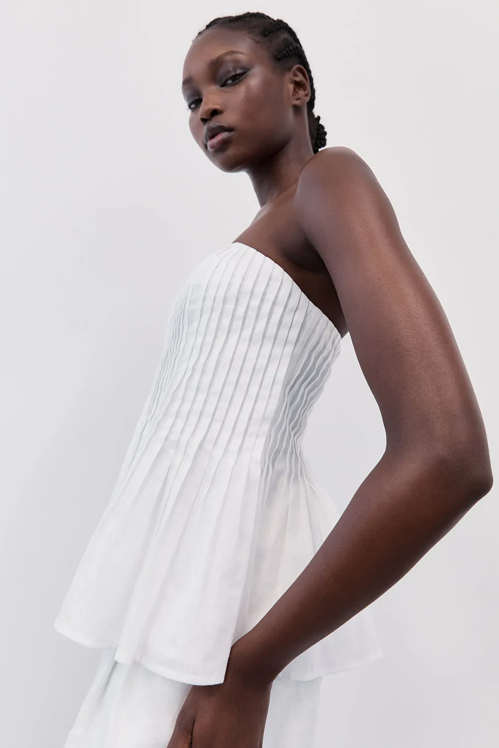 PAIGE WHITE LINEN BLEND STRAPLESS TOP sold by Dissh