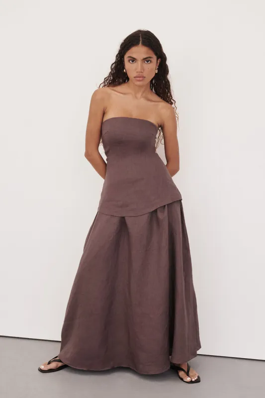 SASKIA CHOC LINEN STRAPLESS DRESS sold by Dissh