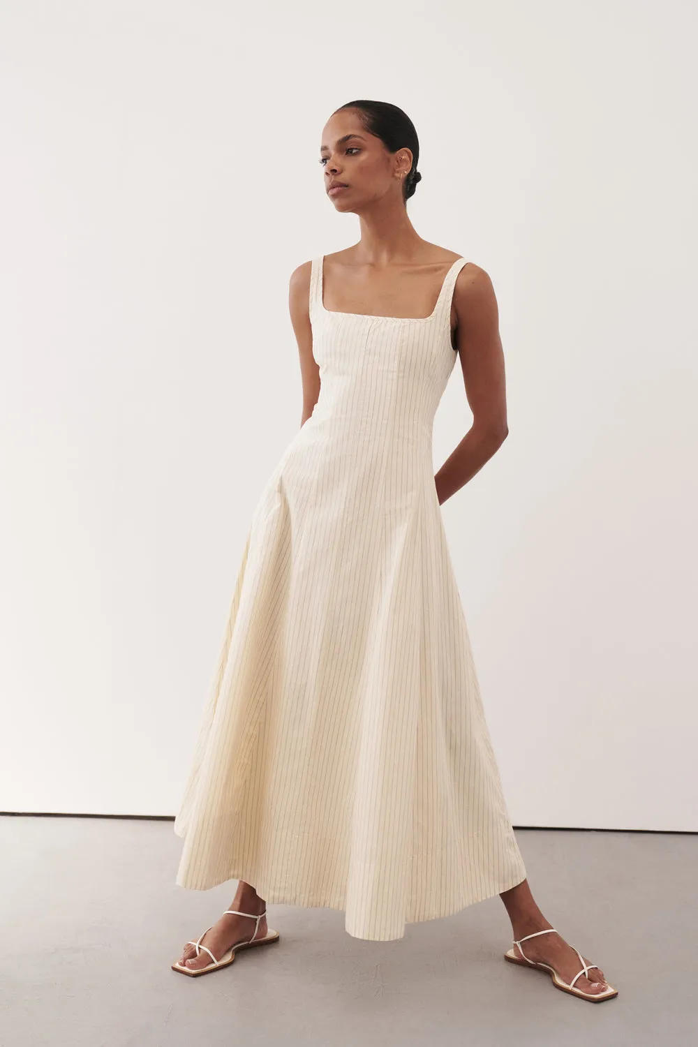 RILEY CREAM STRIPE MIDI DRESS sold by Dissh
