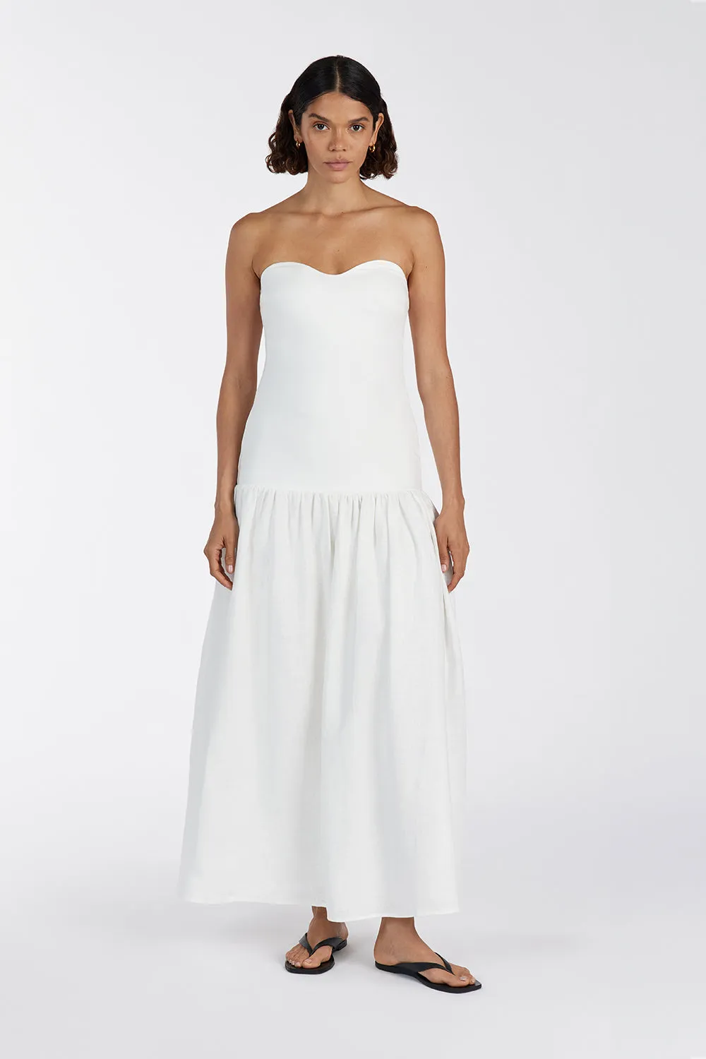 ELLISON WHITE STRAPLESS MIDI DRESS sold by Dissh
