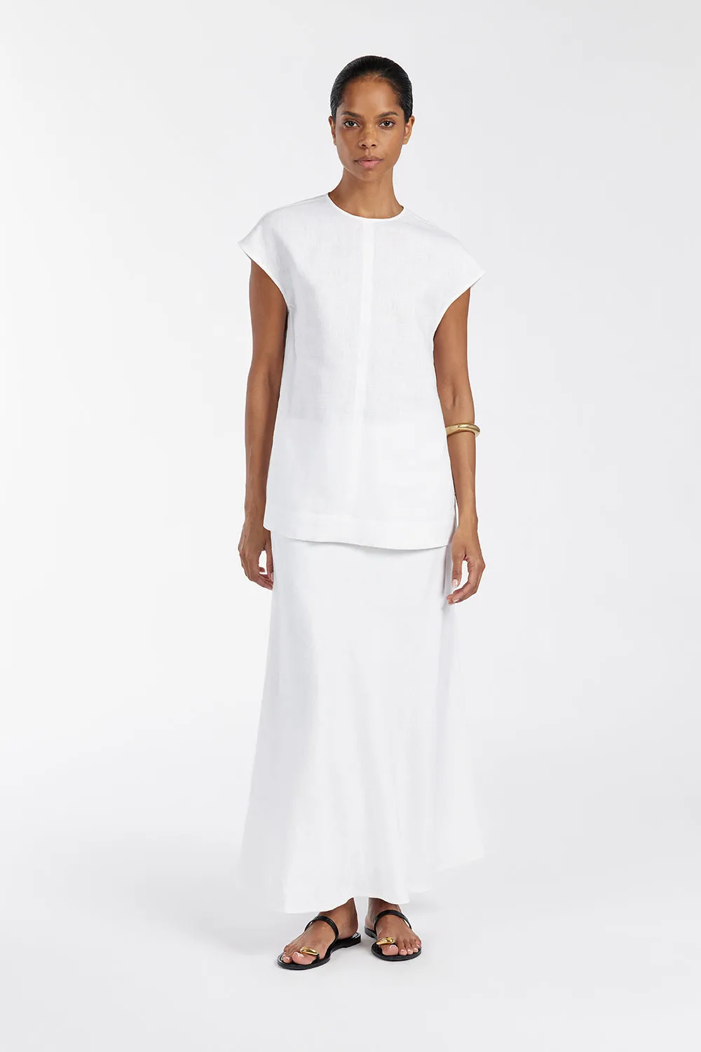 TYRA WHITE LINEN MIDI SKIRT sold by Dissh
