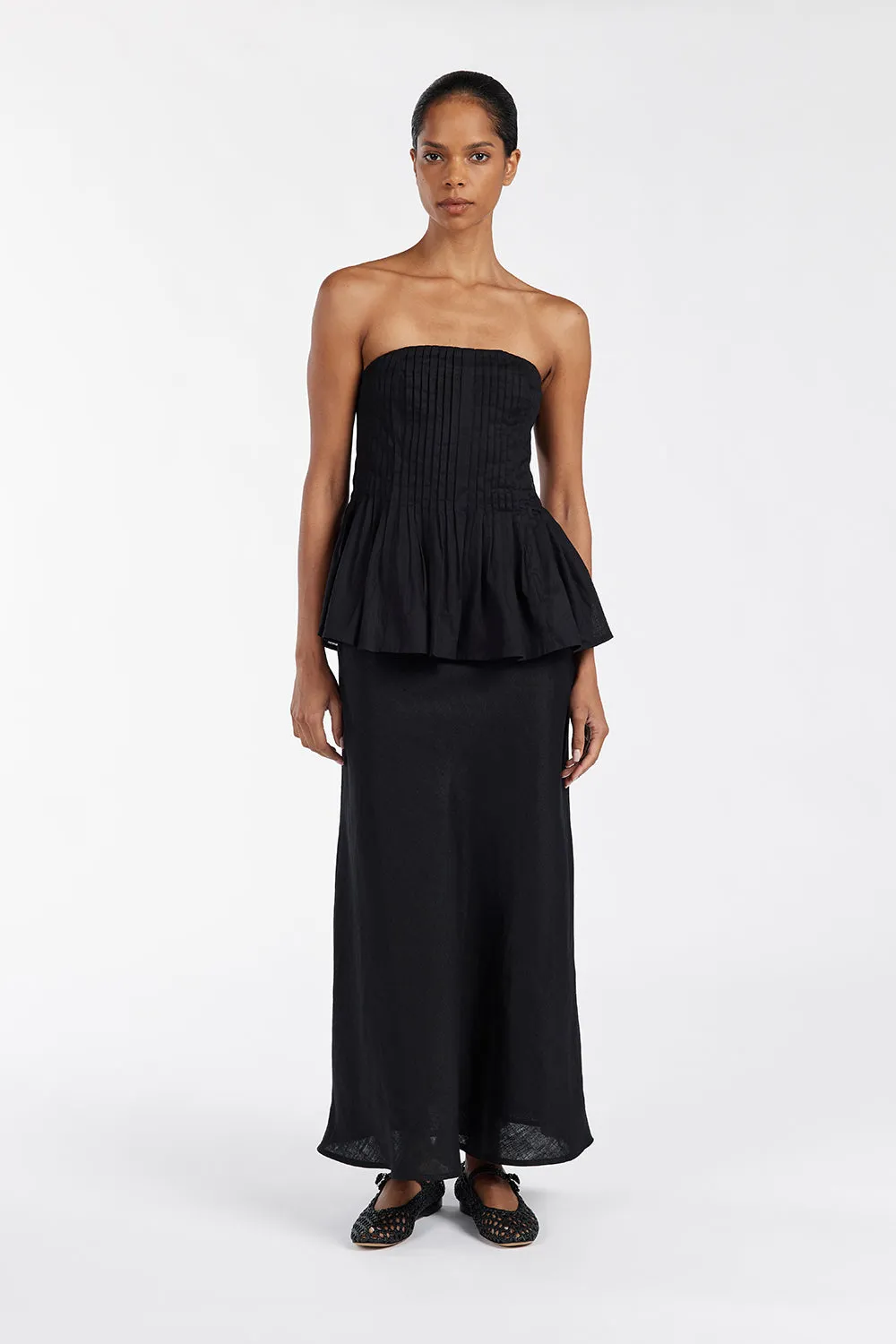 TYRA BLACK LINEN MIDI SKIRT sold by Dissh