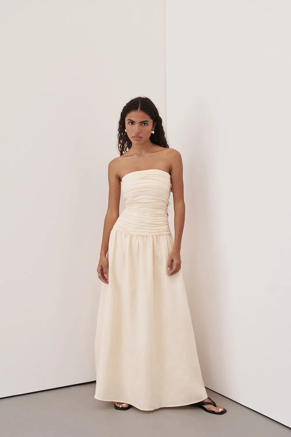 CATANIA CREAM LINEN STRAPLESS MIDI DRESS sold by Dissh