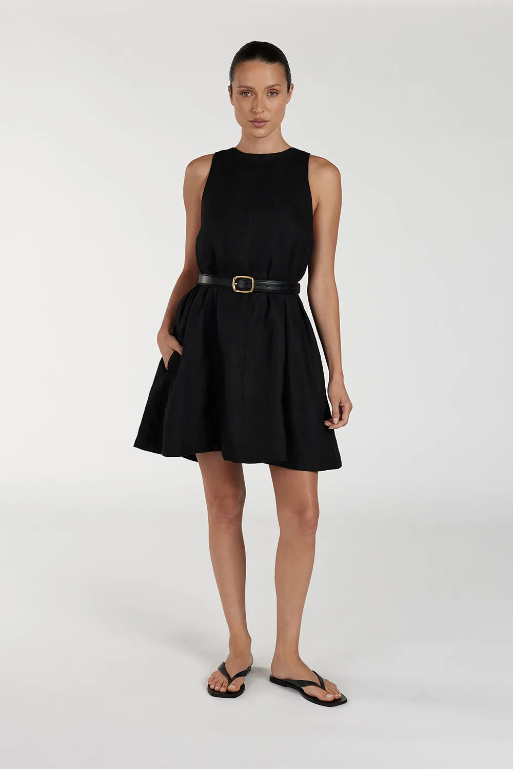 ISABELLE BLACK MINI LINEN DRESS sold by Dissh