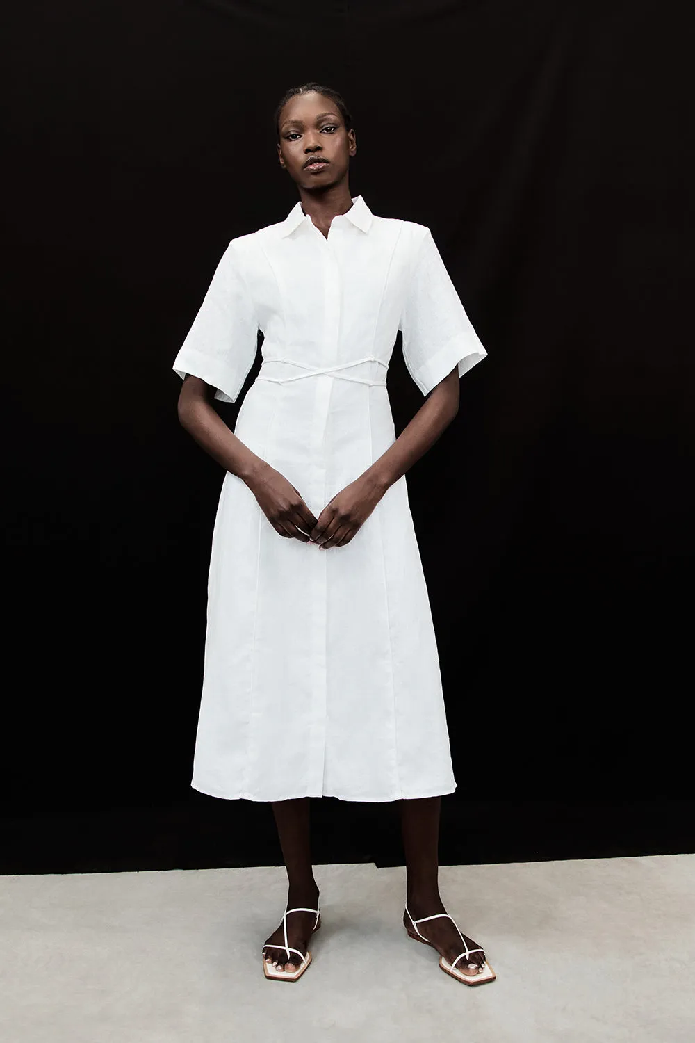 ASTRID WHITE LINEN MIDI DRESS sold by Dissh