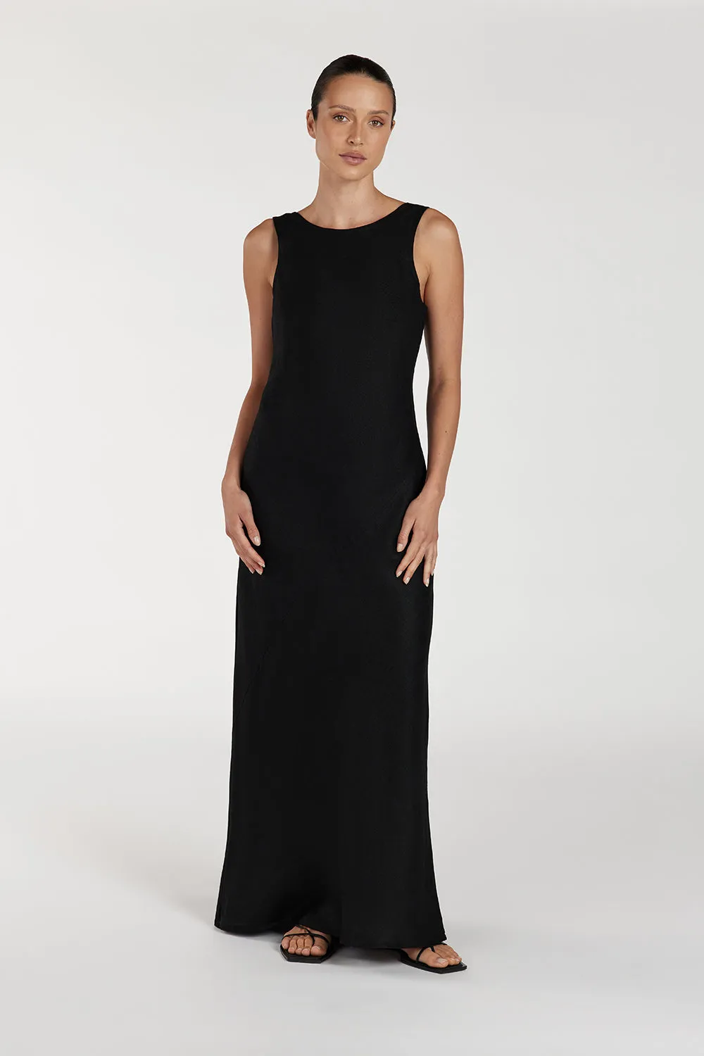LYRA BLACK LINEN MIDI DRESS sold by Dissh