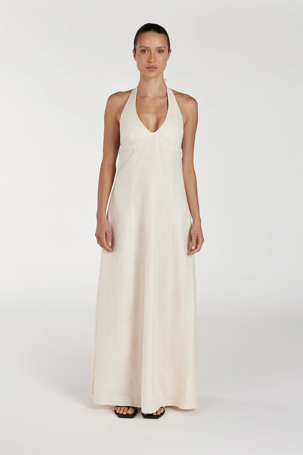 AUDREY CREAM HALTER LINEN DRESS sold by Dissh