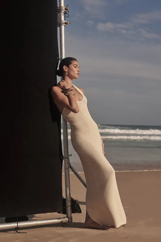 GINA CREAM HALTER CROCHET DRESS sold by Dissh