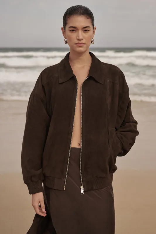 DALTON BITTER CHOC SUEDE BOMBER sold by Dissh