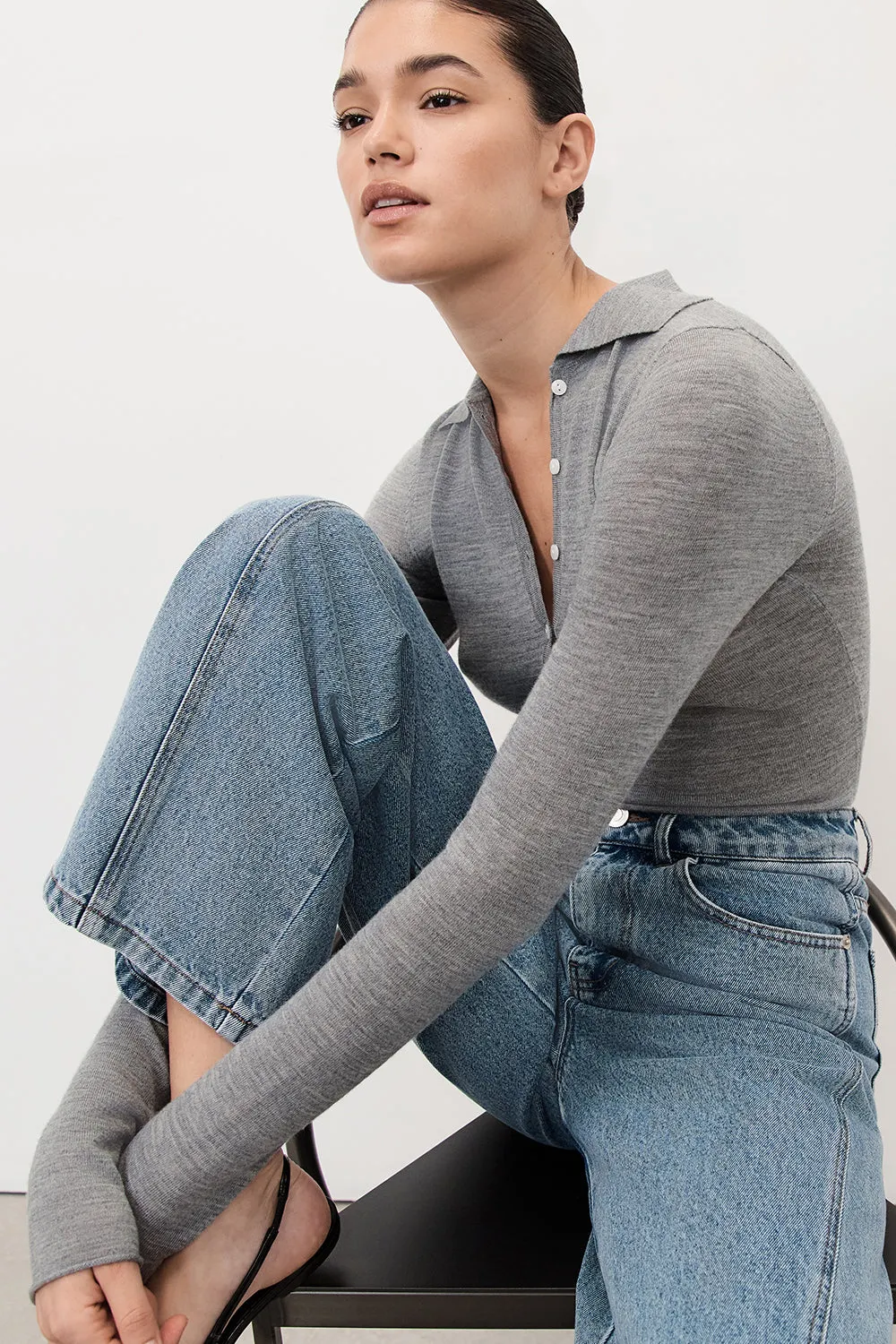 JANE SILVER MARLE MERINO POLO TOP sold by Dissh