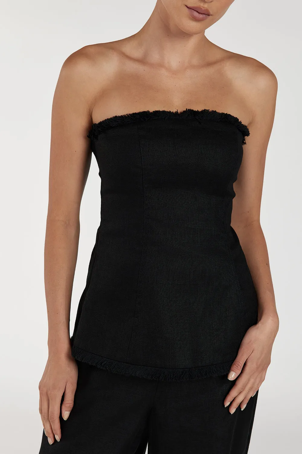 ZAHARA BLACK LINEN FRINGED TOP sold by Dissh product image thumbnail 5