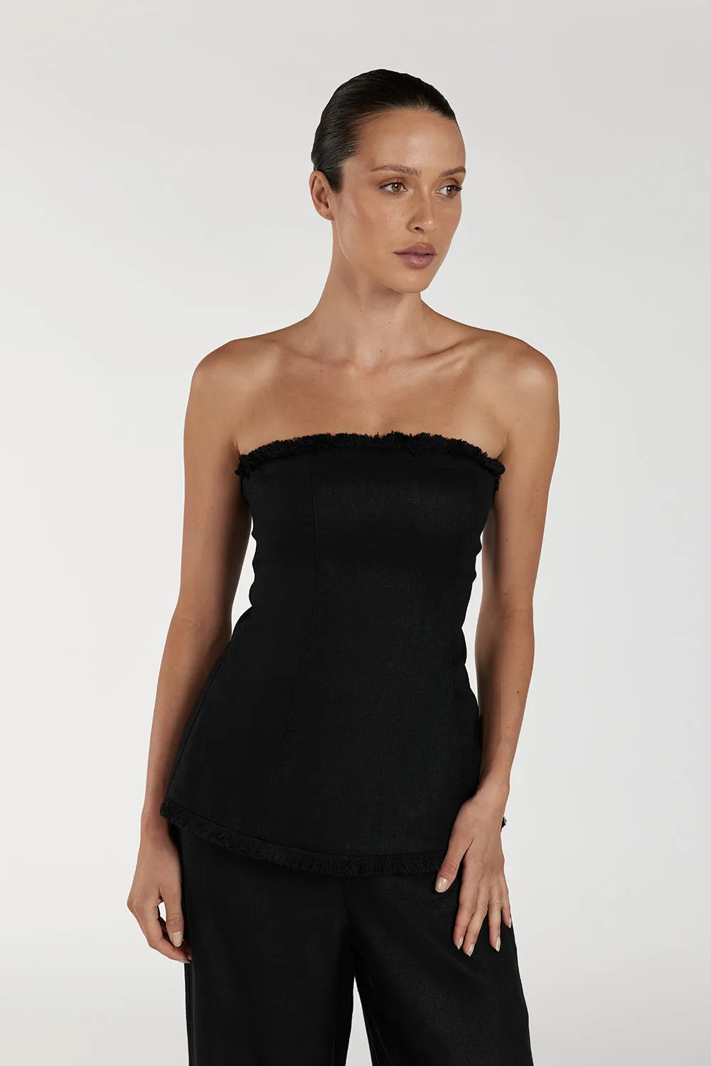 ZAHARA BLACK LINEN FRINGED TOP sold by Dissh product image thumbnail 2