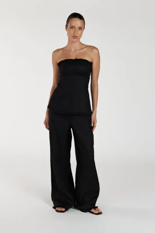 ZAHARA BLACK LINEN FRINGED PANT sold by Dissh