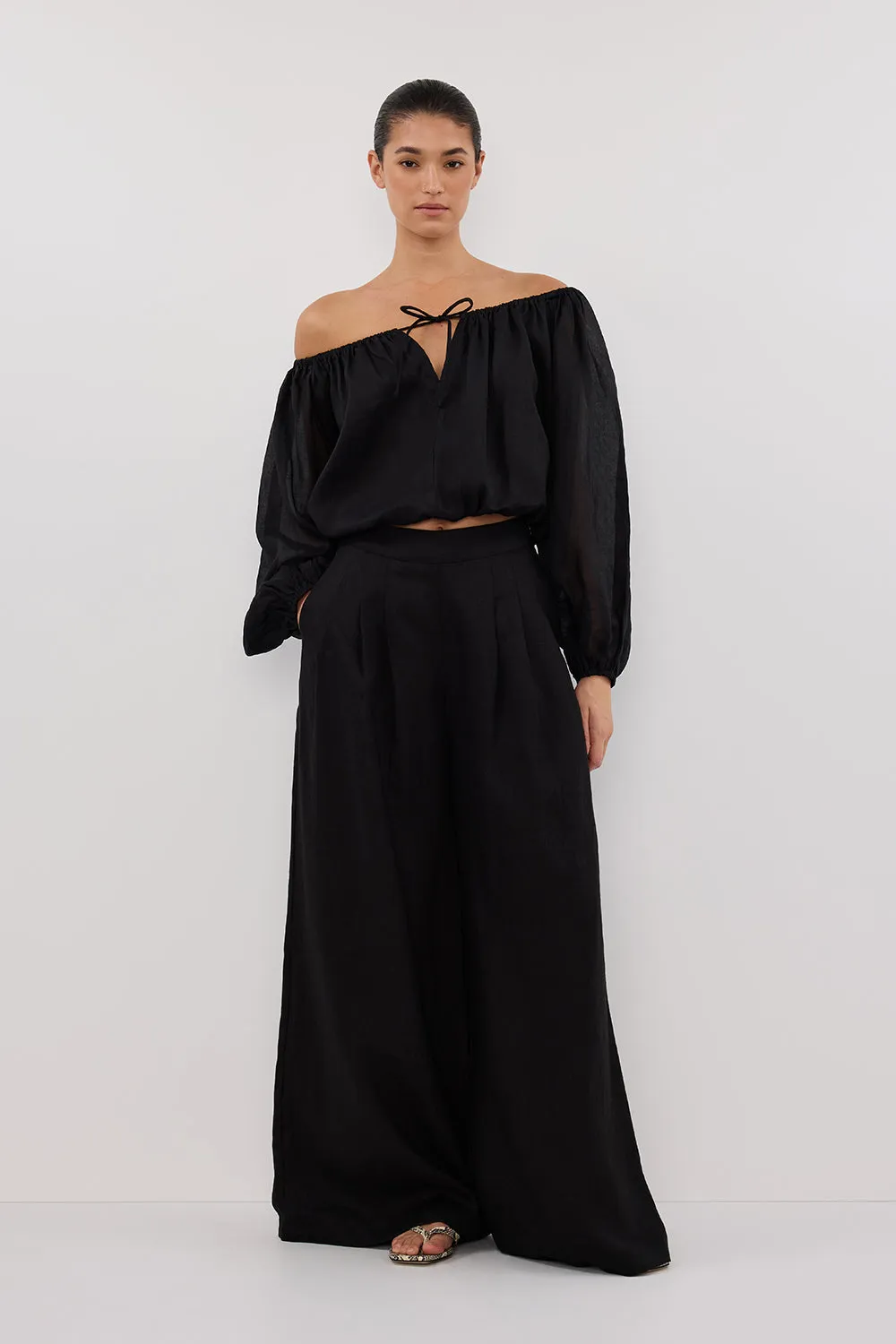 CODY BLACK WIDE LINEN PANT sold by Dissh