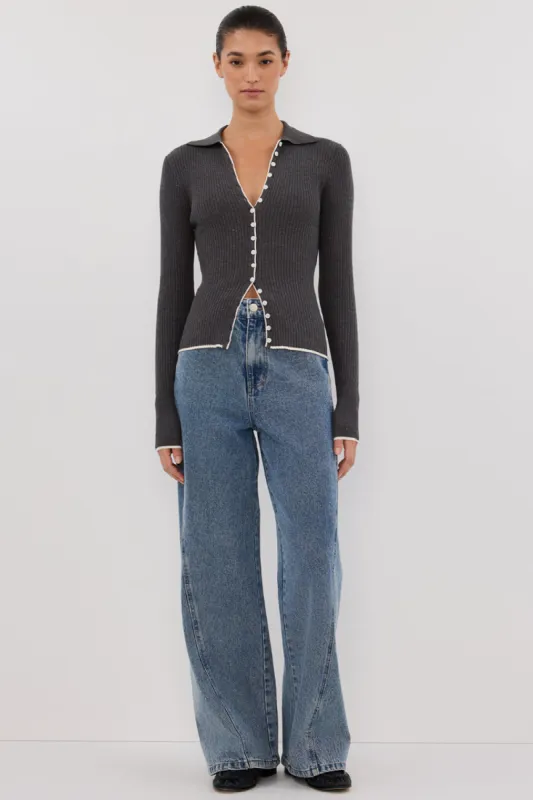 LEONIE CHARCOAL MARLE POLO KNIT TOP sold by Dissh