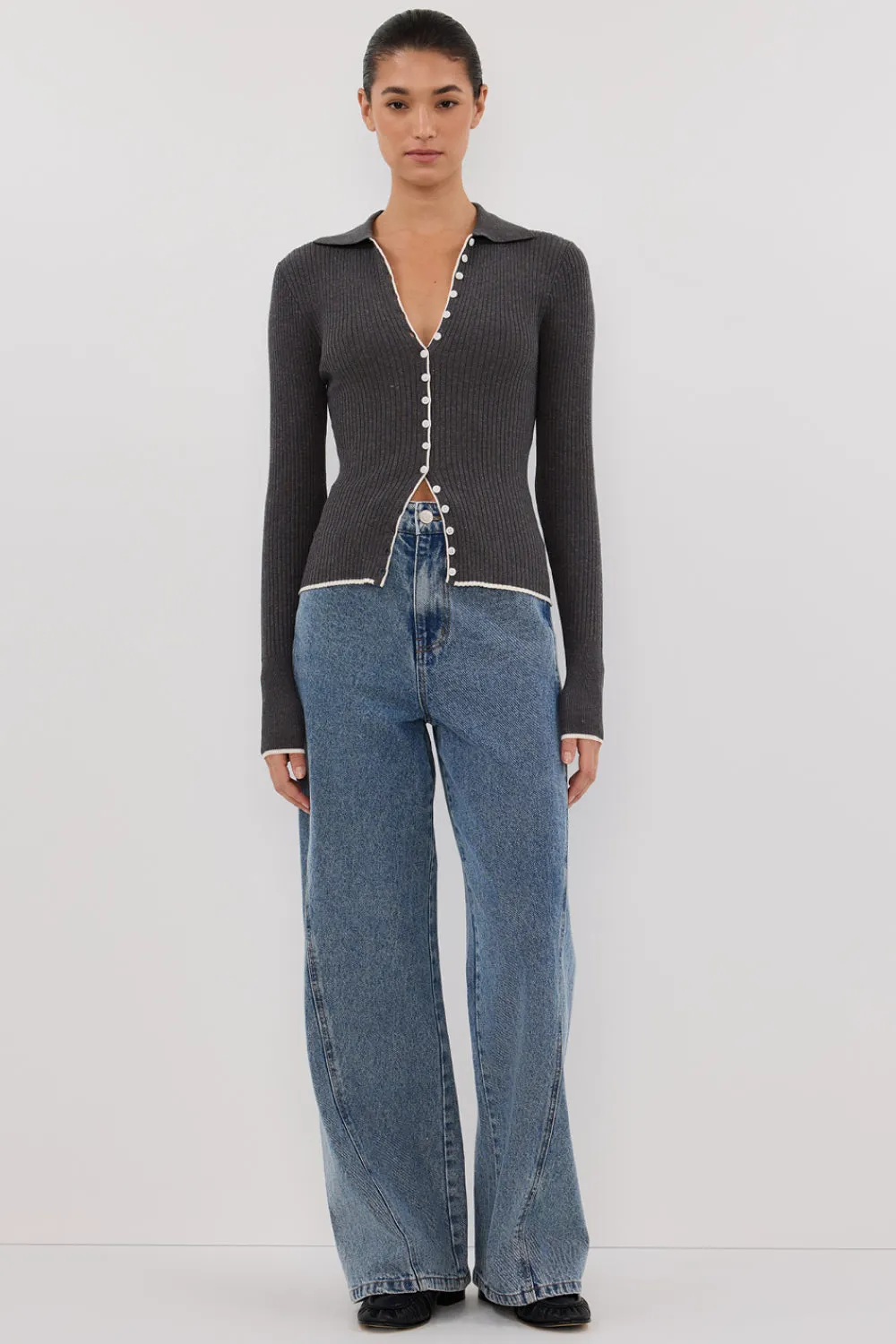 LEONIE CHARCOAL MARLE POLO KNIT TOP sold by Dissh