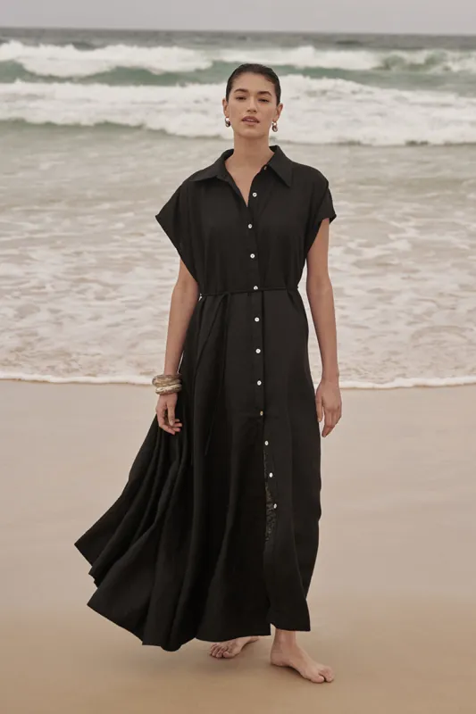 LANA BLACK LINEN MIDI SHIRT DRESS made by Dissh