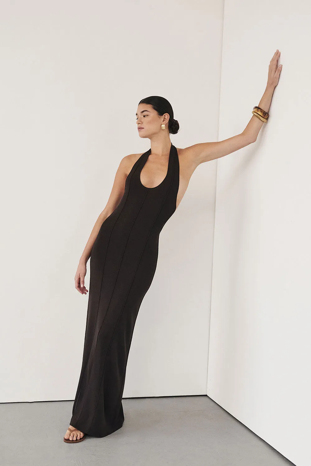 LISS BITTER CHOC HALTER MAXI DRESS sold by Dissh
