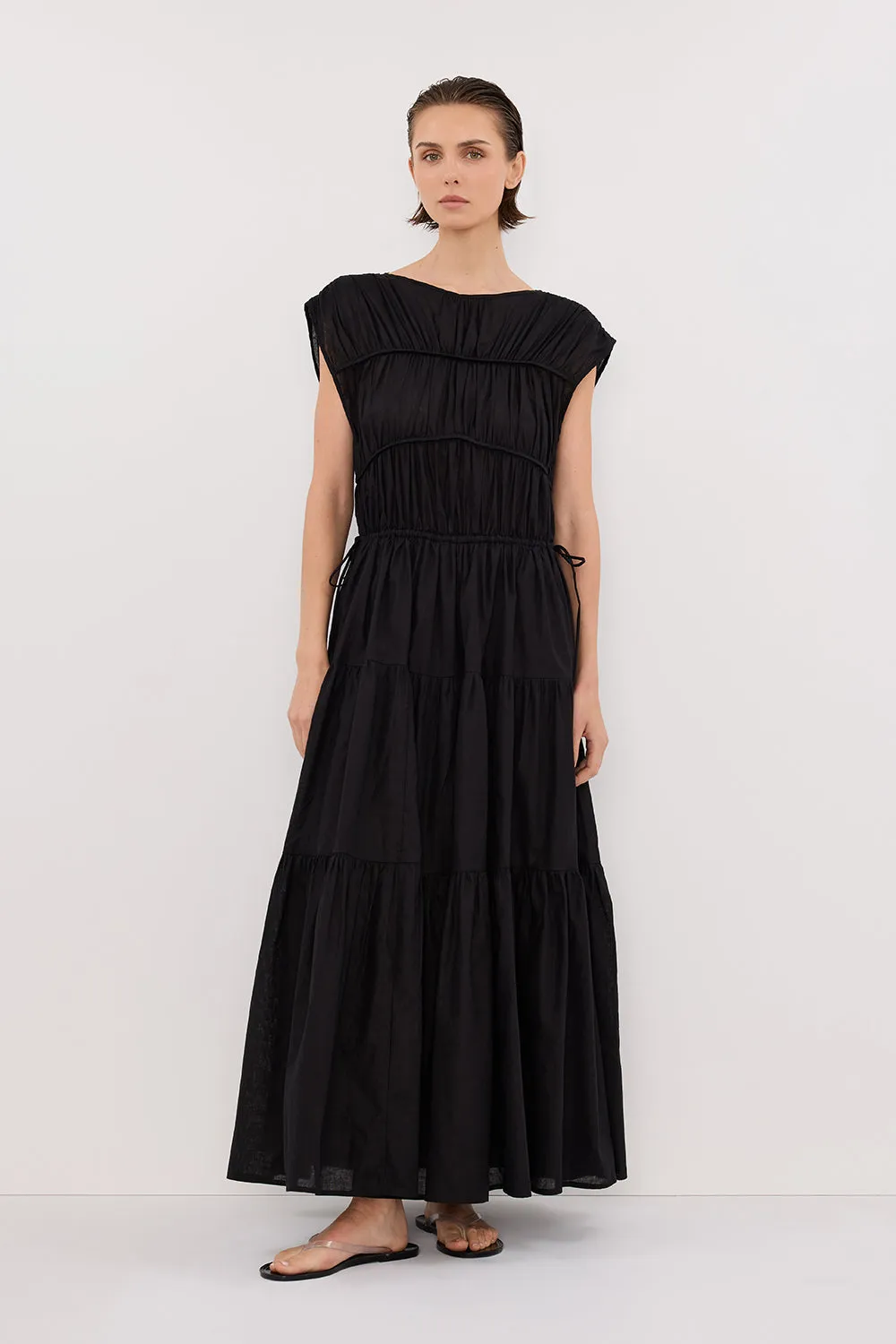 FLYNN BLACK LINEN BLEND MIDI DRESS sold by Dissh