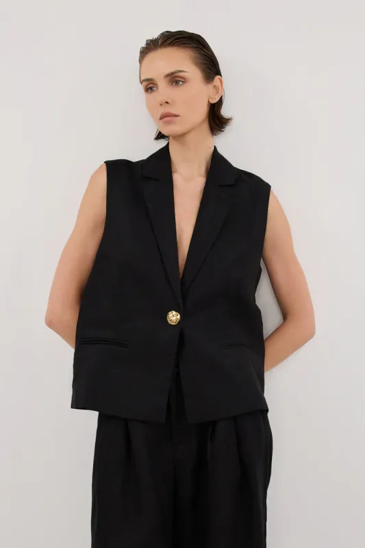 SELAH BLACK LINEN SLEEVELESS VEST sold by Dissh