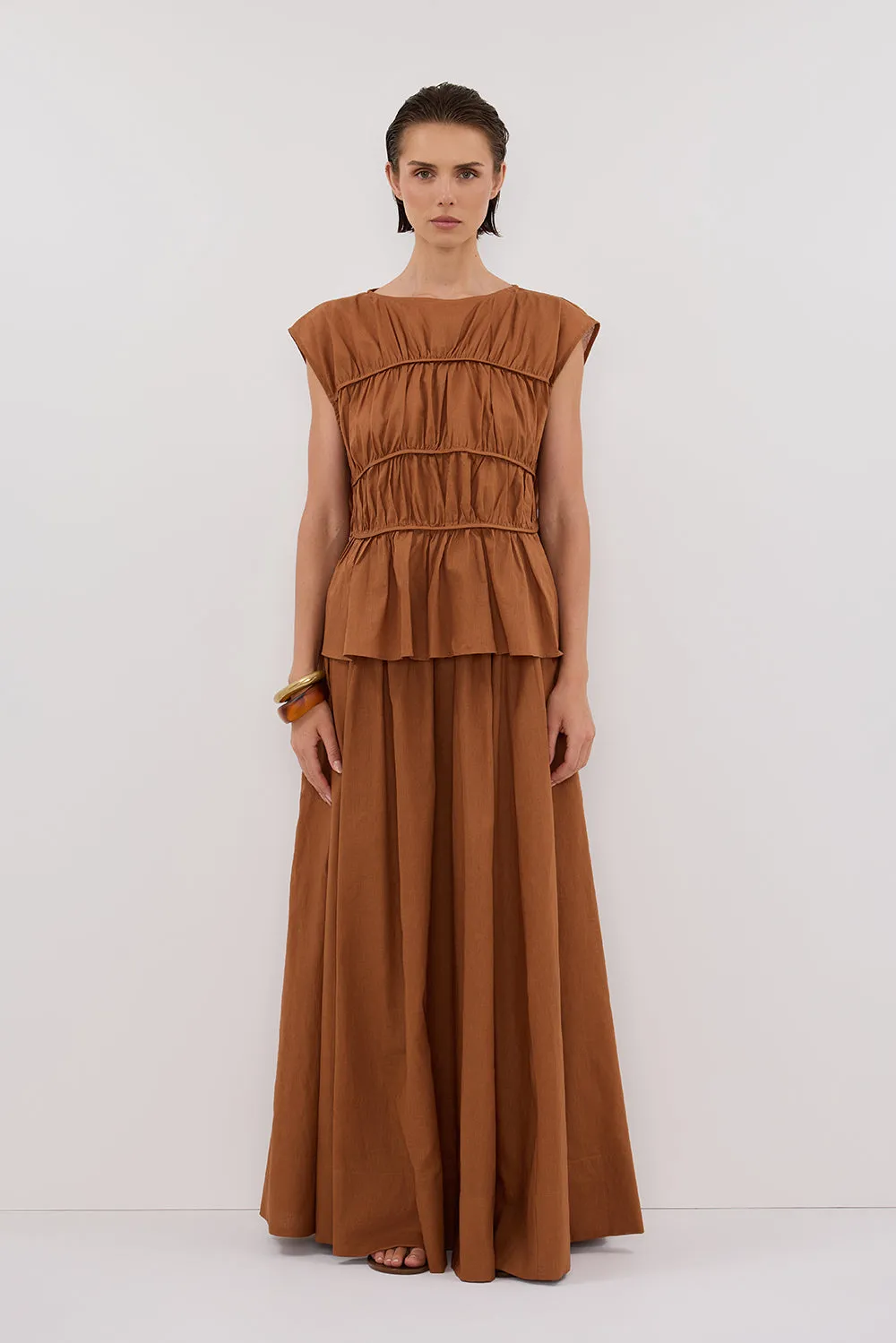 FLYNN RUST LINEN BLEND TIERED TOP sold by Dissh