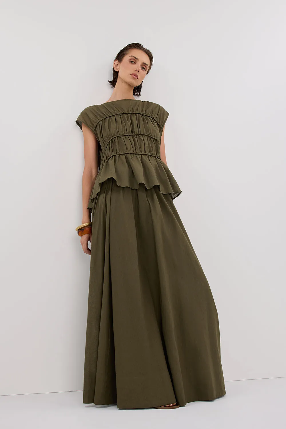 FLYNN OLIVE LINEN BLEND TIE MAXI SKIRT sold by Dissh