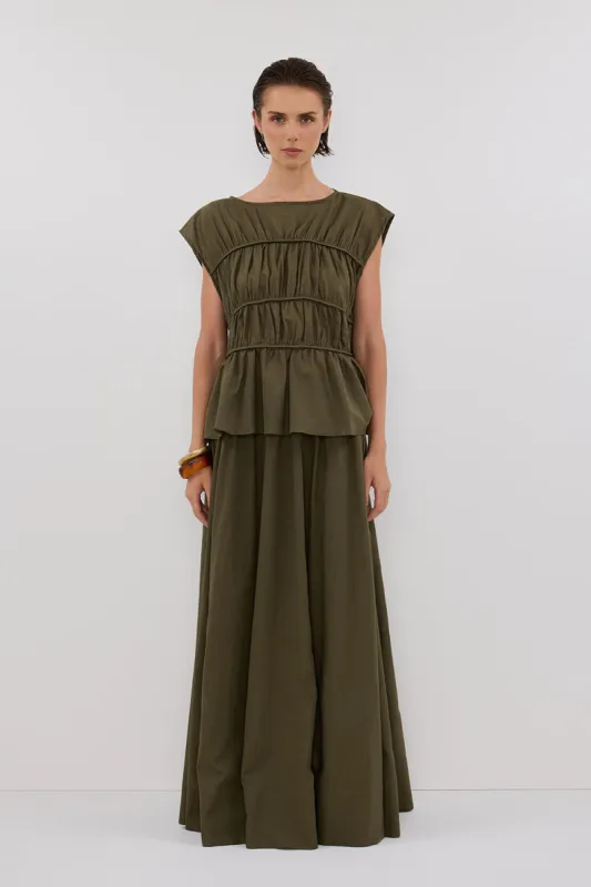 FLYNN OLIVE LINEN BLEND TIERED TOP sold by Dissh