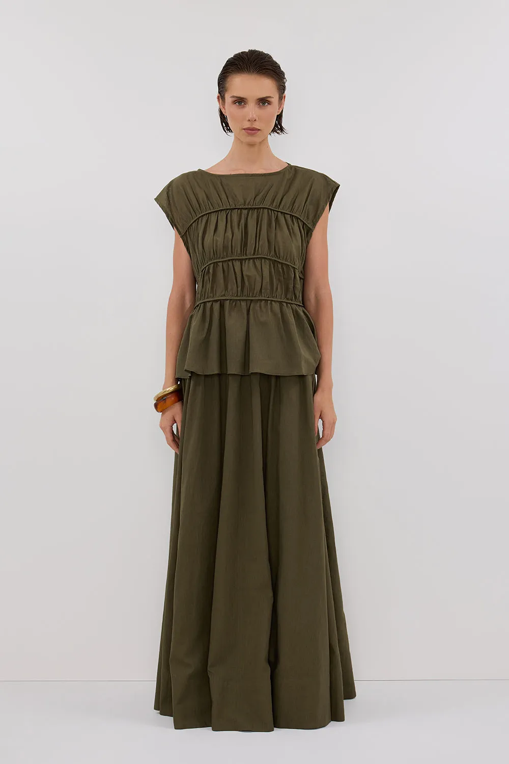 FLYNN OLIVE LINEN BLEND TIERED TOP sold by Dissh