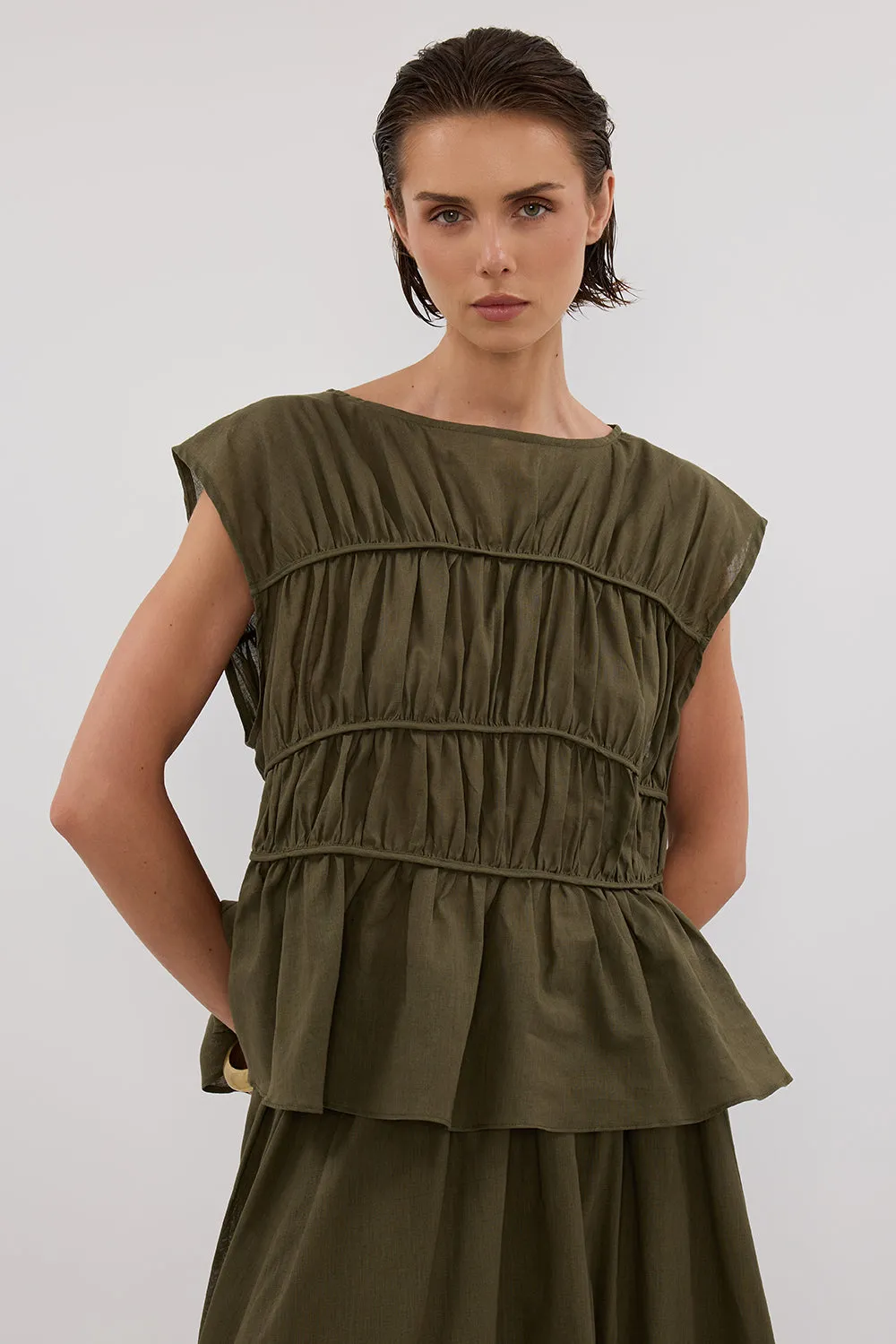 FLYNN OLIVE LINEN BLEND TIERED TOP sold by Dissh product image thumbnail 2