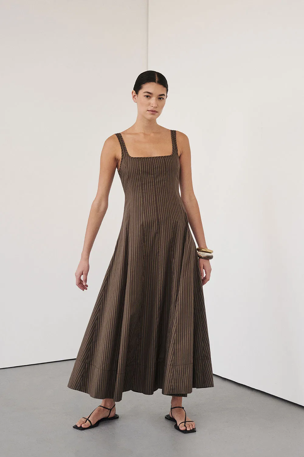 RILEY CHOCOLATE STRIPE MIDI DRESS sold by Dissh