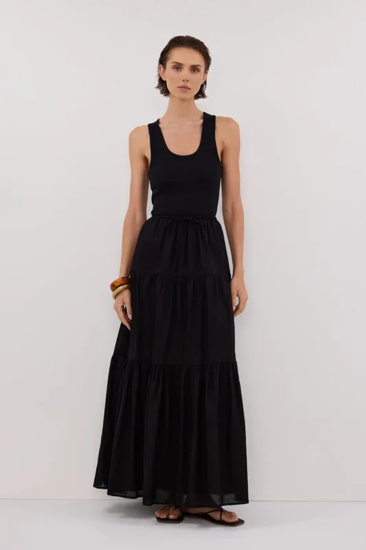 FLETCHER BLACK TIERED MAXI SKIRT sold by Dissh