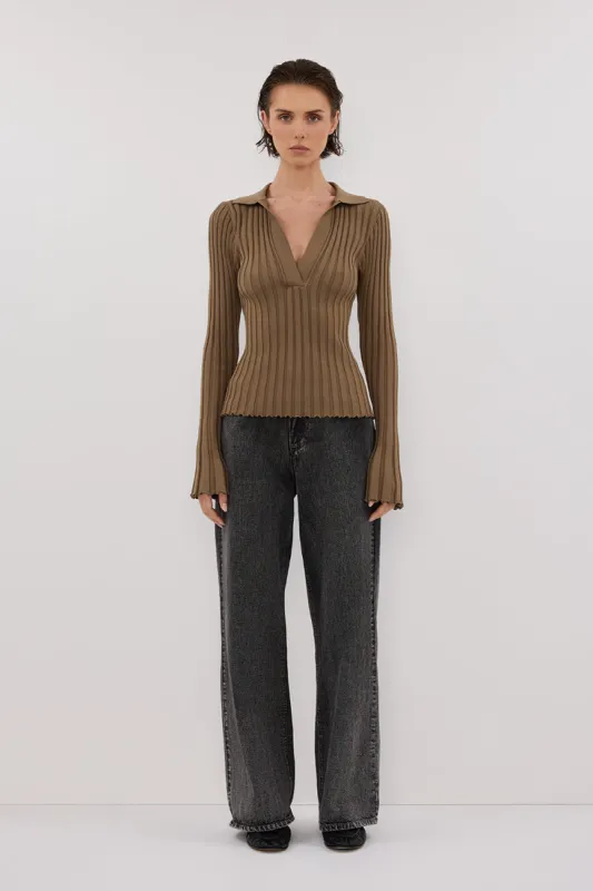 HAL OLIVE POLO LONG SLEEVE KNIT TOP sold by Dissh