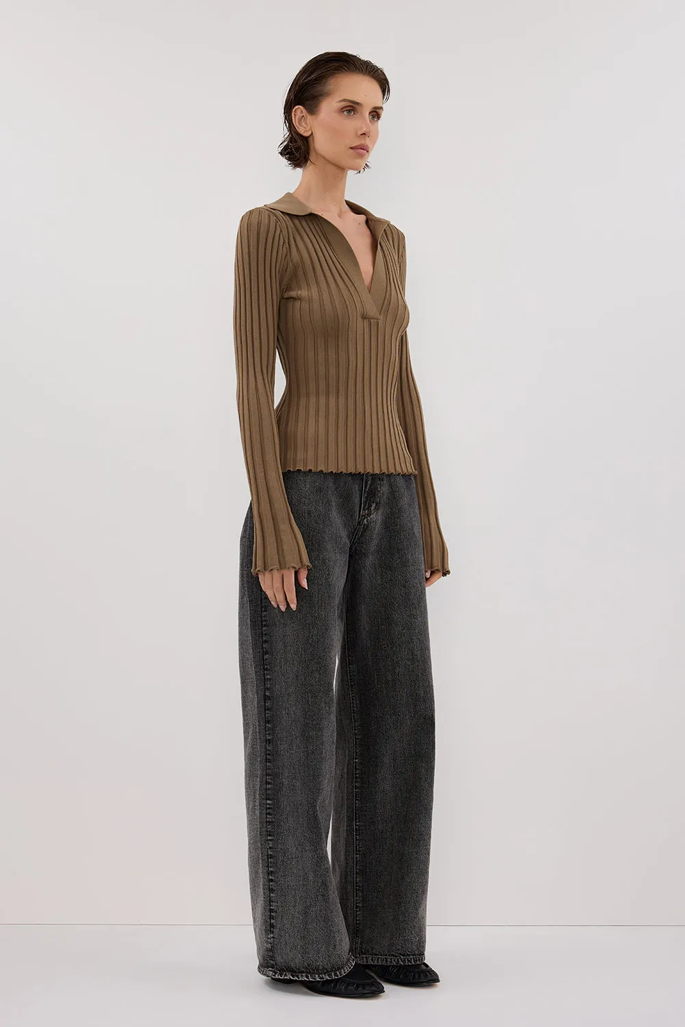 HAL OLIVE POLO LONG SLEEVE KNIT TOP sold by Dissh product image thumbnail 3