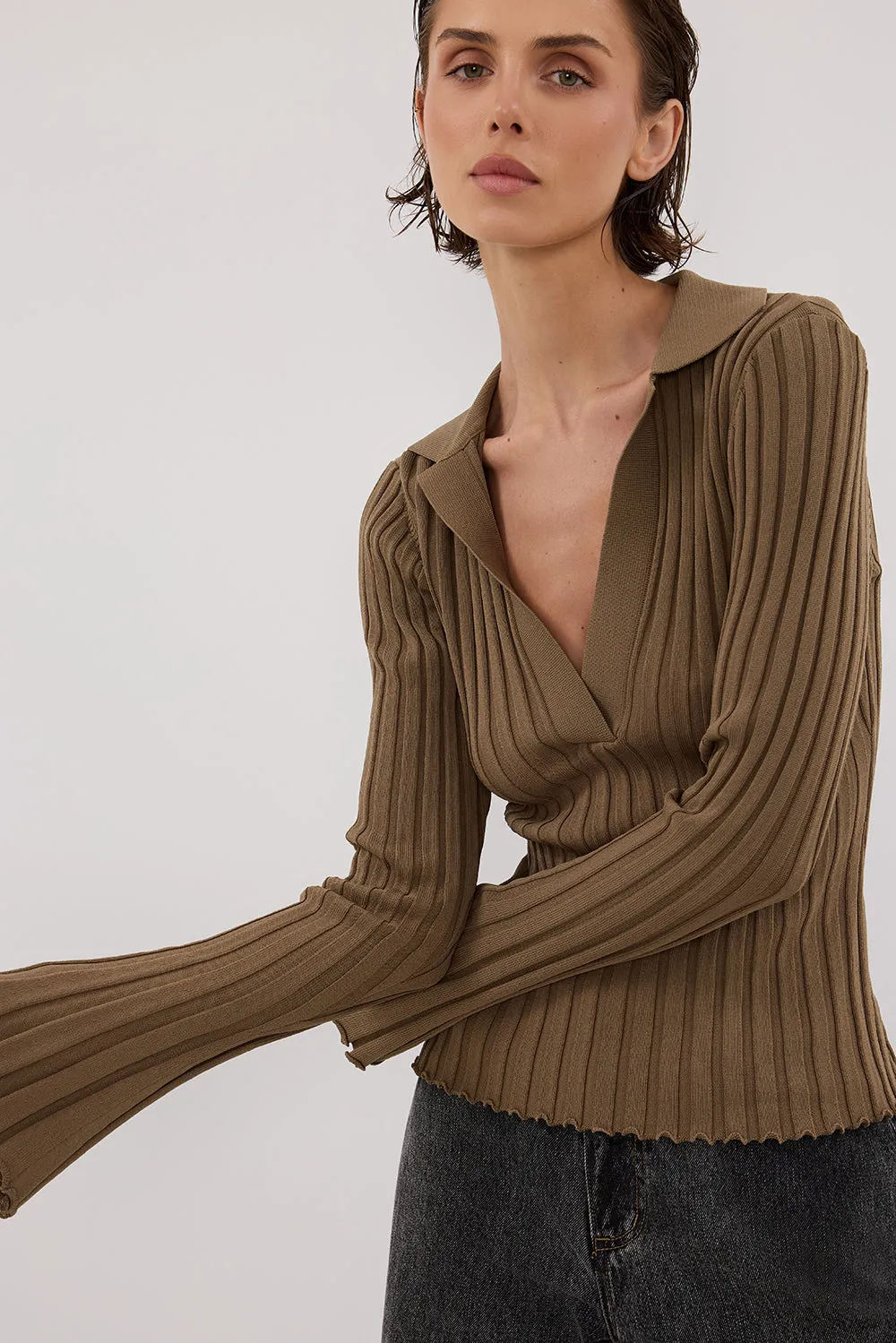 HAL OLIVE POLO LONG SLEEVE KNIT TOP sold by Dissh product image thumbnail 2