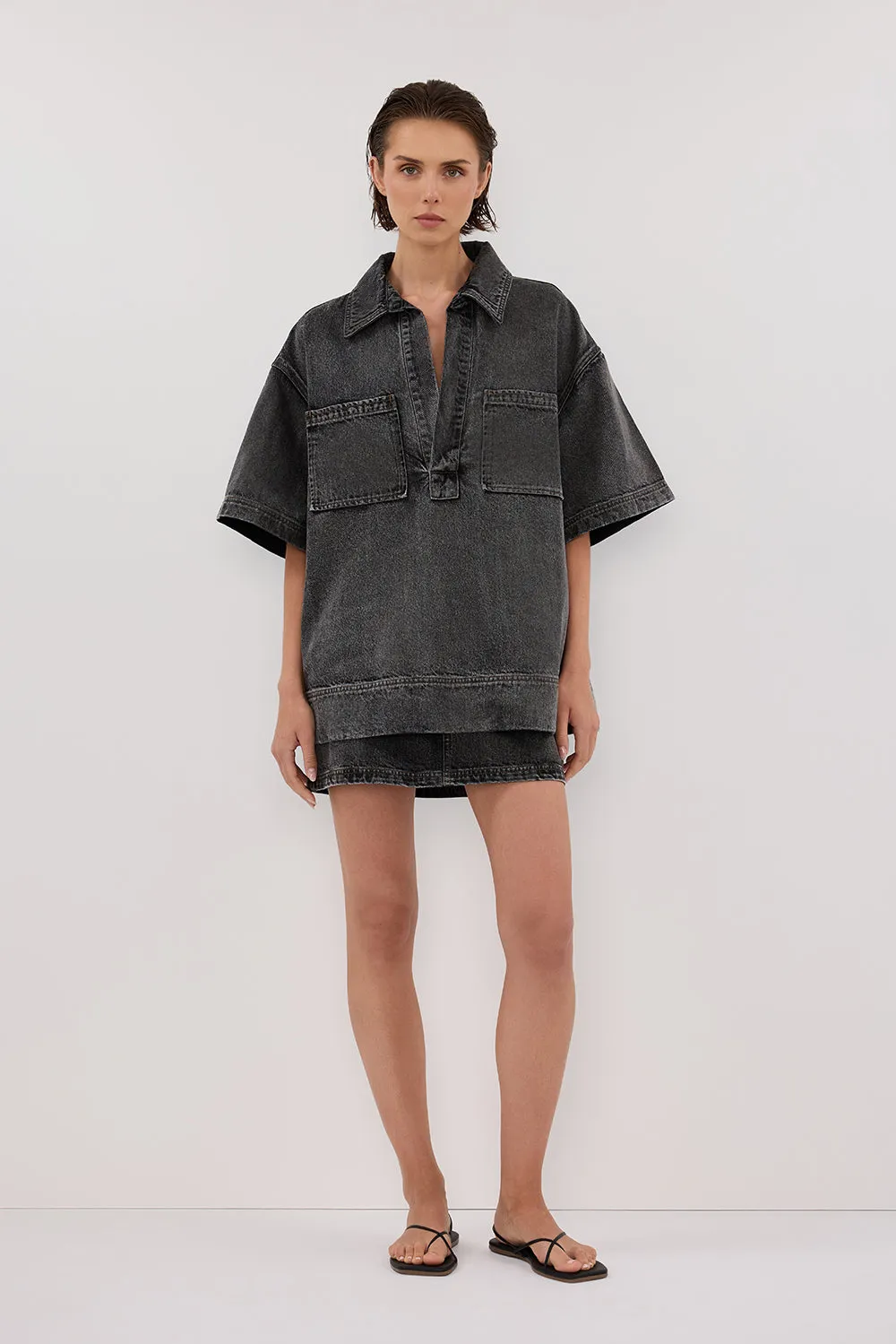 MASON WASHED BLACK BOXY DENIM SHIRT sold by Dissh