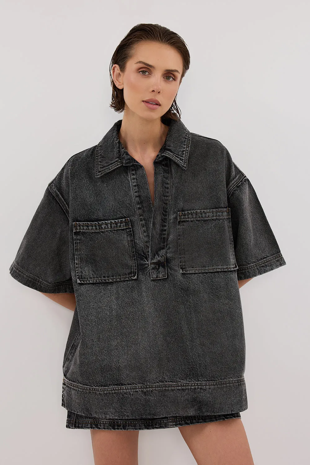 MASON WASHED BLACK BOXY DENIM SHIRT sold by Dissh product image thumbnail 2