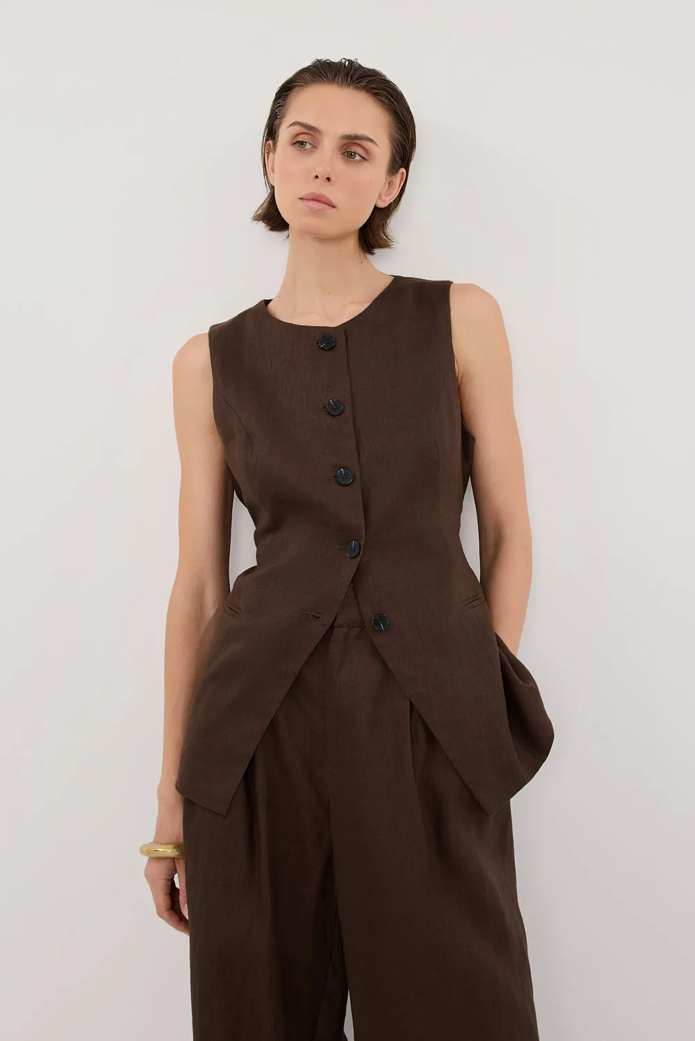 ALESSIA BITTER CHOC LINEN VEST sold by Dissh product image thumbnail 3