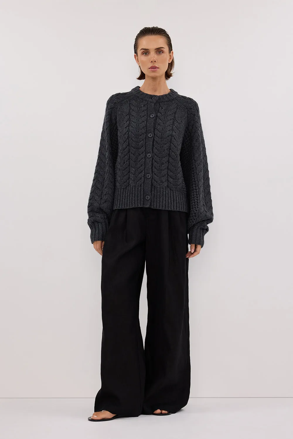 TOM CHARCOAL CABLE KNIT CARDIGAN sold by Dissh