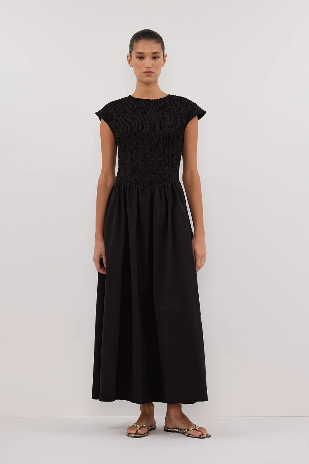 ROMA BLACK CAP SLEEVE MIDI DRESS sold by Dissh