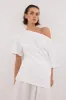 ESME WHITE ASYM BOAT NECK TEE sold by Dissh