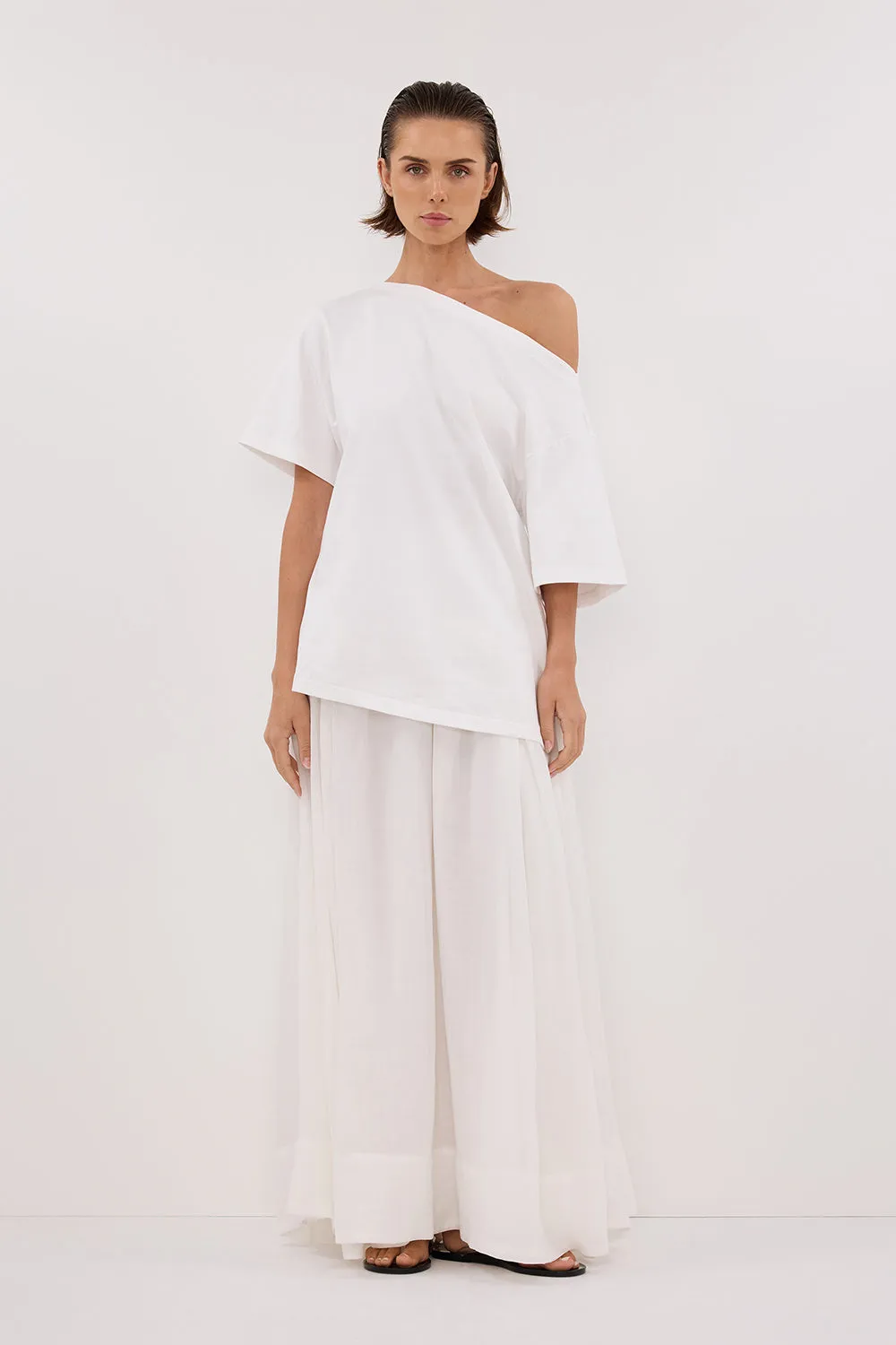 ESME WHITE ASYM BOAT NECK TEE sold by Dissh