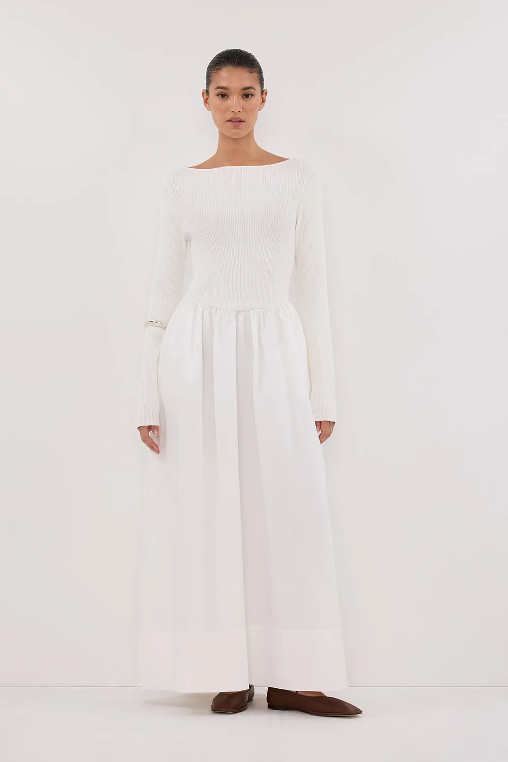 ABIGAIL WHITE HYBRID LONG SLEEVE MIDI DRESS sold by Dissh