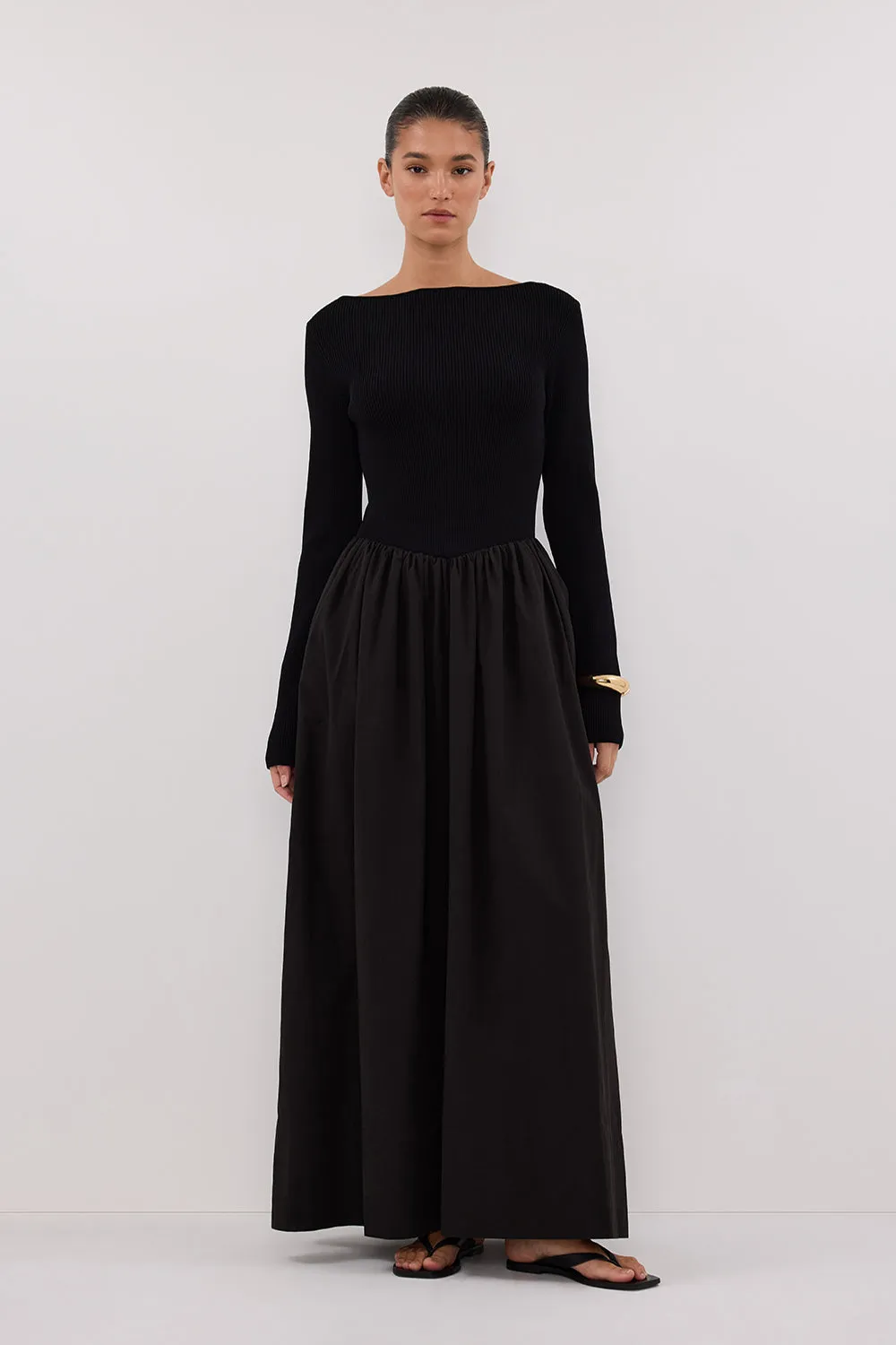 ABIGAIL BLACK HYBRID LONG SLEEVE MIDI DRESS sold by Dissh